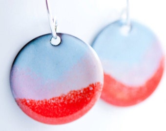 Soft Colors Copper Enamel Earrings, Torch Fired Enamel, Hippie Boho Style, Bohemian Jewelry, Gift for Female Woman Teen Girl, Pink Red Blue