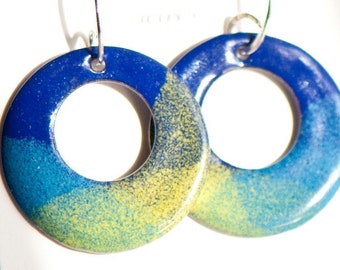 1 inch Disc Artsy Boho Enamel Earrings, Dark Blue Yellow Green, Copper Enamel, Handmade Sterling Silver Earwires, Stylish, Sophisticated