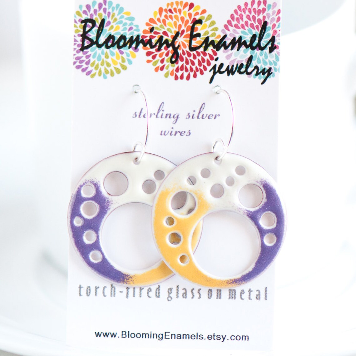 Big Funky Statement Earrings Copper Enamel Purple Yellow Etsy