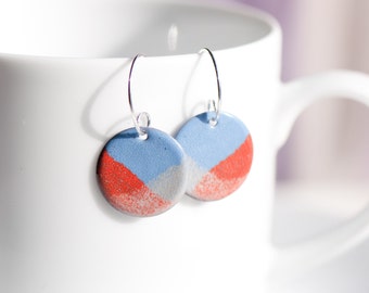 Handmade Enamel Earrings, Copper Enamel, Orange Blue Cream, Patterned Earrings, Sterling Silver Ear Wires, Torch Fired Enamel Earrings