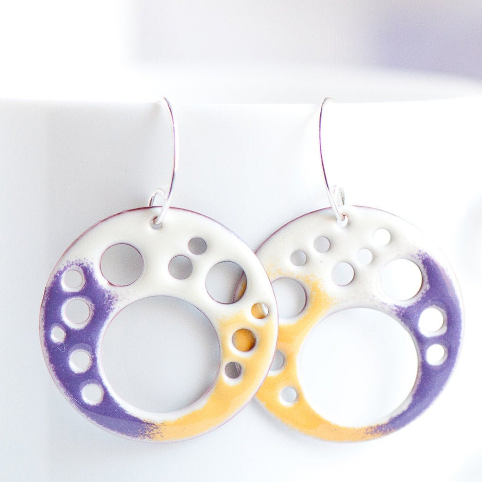 Big Funky Statement Earrings Copper Enamel Purple Yellow Etsy