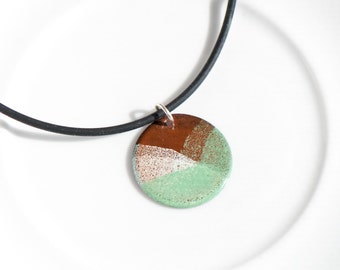 Earthy Enameled Pendant, Handmade Disc, Copper Enamel Pendant, Green Brown White, Torch-Fired Enamel Jewelry