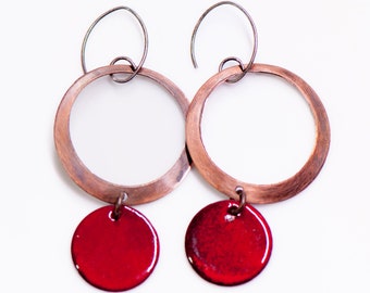 Handmade Big Bold Copper Enamel Earrings, Fun Funky Earrings, Boho Jewelry, Unique Gift for Her, Dangle Drop Earrings, Large Hoops Earrings