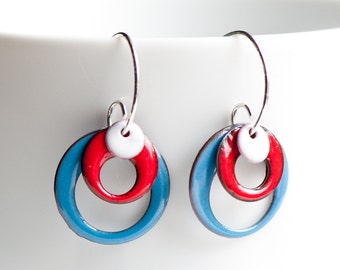 Small Hoop Earrings, Patriotic Jewelry, Red White Blue, Copper Enamel, Handmade Sterling Ear Wires, Sexy Dangle Hoop Earrings, Drop Earrings