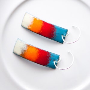 Handmade Enamel Earrings: Colorful Copper Dangles, Sterling Silver Wires
