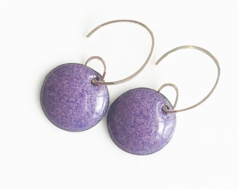 Pink Purple Color Earrings, Copper Enamel, Handmade Sterling Silver Ear Wires, 5/8 inch (15mm) Discs, Hippie Boho Earrings