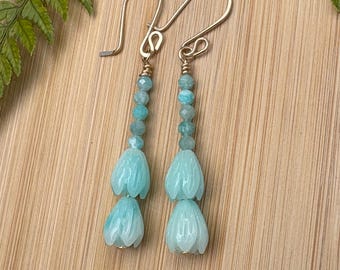 Gold Earring: Variegated light blue Pikake Drops