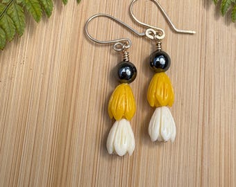 Gold Earrings Yellow Pikake Drops with Hematite Bead Earrings