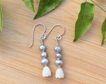 Silver- Gray Seed Pearl Bead with Mother of Pearl Shell Pikake Blossom Earring