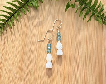 Gold Faceted Turquoise Blue Glass Mother of Pearl Shell Pikake Earrings