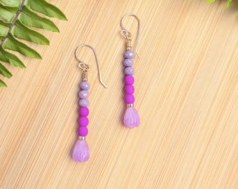 Gold Fuchsia Lavender Pikake Earrings