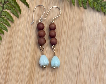 Gold Earrings Pale Blue Pikake Dangle Earrings