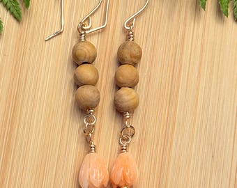 Gold Earrings Orange Pikake Dangles with light sandalwood beads Earrings