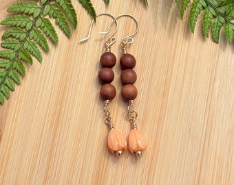 Gold Earrings Orange Pikake Dangles with sandalwood bead Earrings