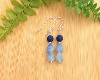 Silver Double Blue Pikake Deep Navy Blue Bead Earring