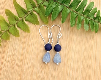Silver Blue Pikake Deep Navy Blue Bead Earring