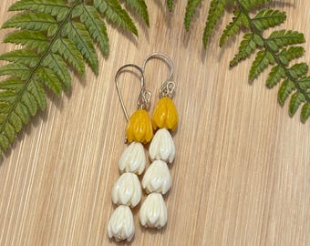 Gold Earrings Tiered Pikake with Yellow Accent Blossoms Earrings