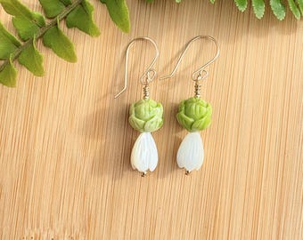 Gold Green Buds Mother of Pearl Shell Pikake Earrings