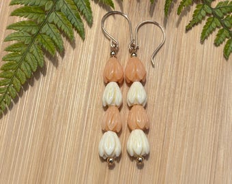 Gold Earrings Orange and White Pikake Dangle Earrings