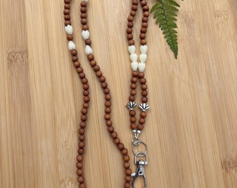 Silver- ID Badge Holder Lanyard Pikake with Silver Lotus and Barbie Sandalwood Beads