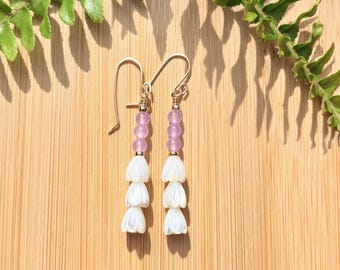 Gold Lilac Jade Beads Triple Mother of Pearl Shell Pikake Earring
