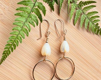 Gold Hoop Earrings with Mother of Pearl Pikake Blossoms