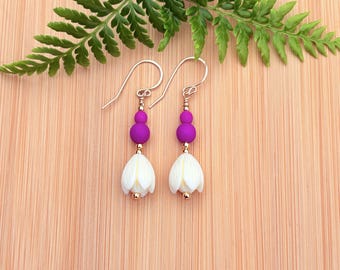 Gold Large Ivory Pikake Magenta Bead Earrings