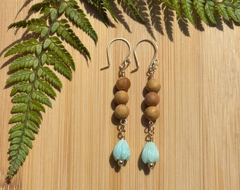 Gold Earrings Pikake Pale Blue with Light Sandalwood Beads Dangle Earrings