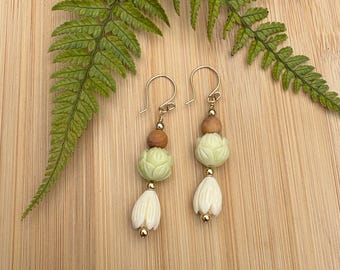 Gold Earrings Green Buds with Sandalwood and Pikake Blossoms Earrings