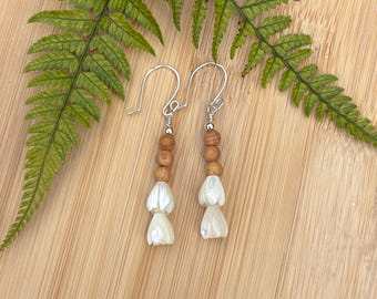 Silver Tiered Pikake Mother of Pearl with Sandalwood Bead Dangle Earrings