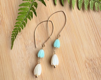 Gold Earring Light Blue and Mother of Pearl Pikake Dangles