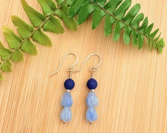 Gold Blue Double Pikake with Deep Navy Blue Beads Earring