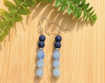 Gold Triple Blue Pikake Deep Navy Blue Bead Earring