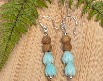 Silver Pale Ombre Blue Pikake Blossoms with Sandalwood Beads Earrings