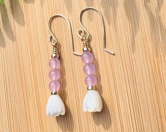 Gold Lilac Purple Jade Beads Mother of Pearl Shell Pikake Earring