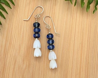 Gold Faceted Dark Blue Glass Mother of Pearl Shell Pikake Earrings