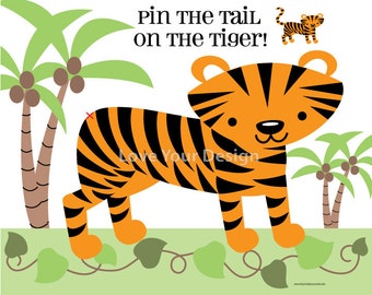 GAME Pin the Tail on the Tiger Birthday Game & Tiger Coloring Page- Digital jpeg file for printing INSTANT DOWNLOAD