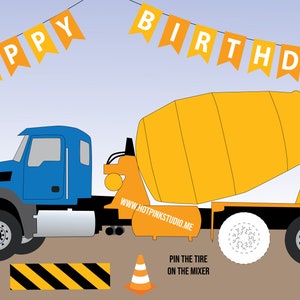 JUEGO Pin the Tire on the Cement Mixer Truck juego de cumpleaños Juego de construcción DIGITAL para niños, página para colorear GRATIS incluida imagen 2