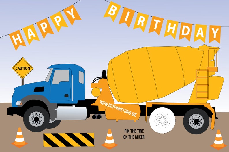 JUEGO Pin the Tire on the Cement Mixer Truck juego de cumpleaños Juego de construcción DIGITAL para niños, página para colorear GRATIS incluida imagen 2