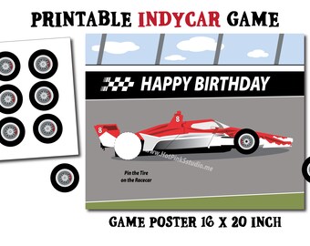 May include: Printable Indycar game poster featuring a red and white race car, the words "Happy Birthday," and six tire stickers. The poster measures 40.6 x 50.8 cm.