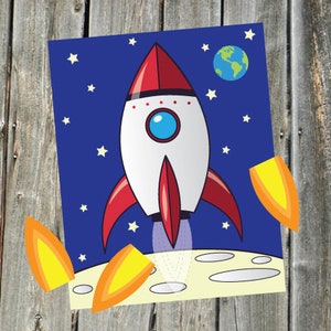 May include: A red, white, and blue rocket ship flying through space with a blue planet and stars in the background. The rocket ship is leaving a trail of smoke behind it. There are three yellow flames on the bottom of the image.