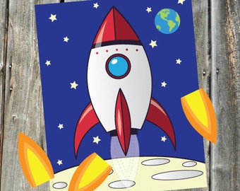 Rocket Birthday Party Game: Pin the Flame, Coloring Page (Digital Download)