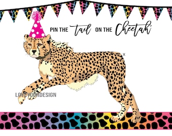 Cheetah Birthday Party Game: Pin the Tail, Rainbow Theme (Digital Download)