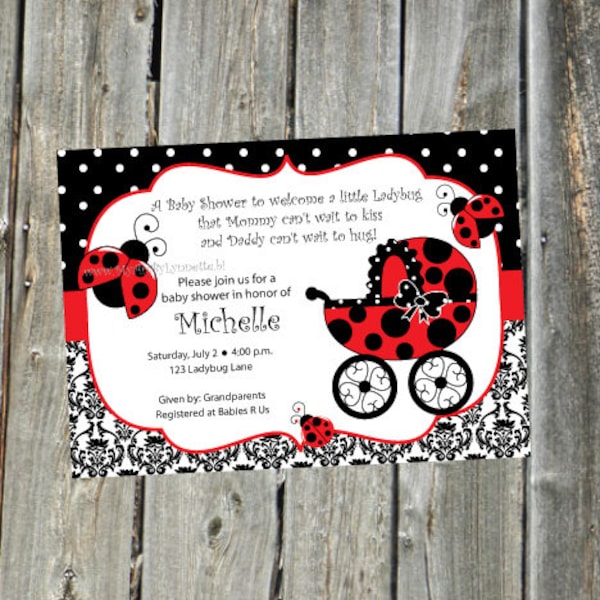 Ladybug Damask Baby Shower Party Invitation And Thank You Digital File YOU PRINT
