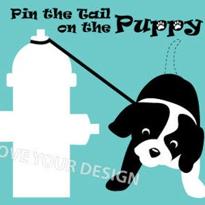 Pin the tail on the Black Puppy -Dog Game for Birthday Party- INSTANT DOWNLOAD - printable digital jpeg files