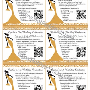 Op de afbeelding: Vier gouden en witte uitnodigingskaarten met een zwart silhouet van een vrouw in een jurk. Elke kaart heeft een QR-code en tekst die luidt: "Cynthia's 75th Birthday Celebration. Scan de QR-code om je aan te melden voor 31 december met behulp van de QR-code hieronder: Voor reserveringen in het dichtstbijzijnde hotel, zoek naar locaties in de buurt van Parkland, Coral Springs, Sawgrass Expressway voor de snelste toegang: Suggesties, maar niet beperkt tot, zijn als volgt: Courtyard Marriott Residence Inn Quality Inn La Quinta Hampton Comfort Inn and Suites"
