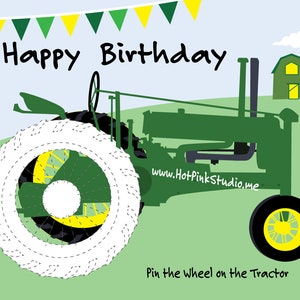 Tractor Pin the Tire on the Antique Tractor Birthday party game- INSTANT DOWNLOAD You Print jpeg files Happy Birthday