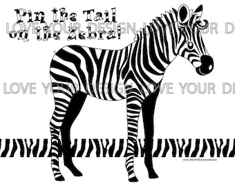 Pin the Tail on the Zebra Game INSTANT DOWNLOAD - printable digital jpeg files Striped Zebra Game for Birthday Party-