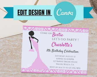 Afro Barbie Birthday Invitation: Pink Glitter Party, Edit in Canva (Digital Download