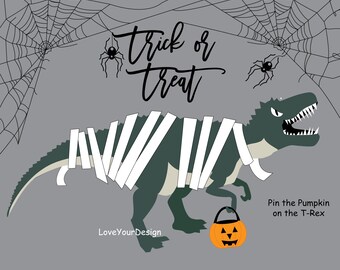 Pin the Pumpkin on the Mummy T-Rex Game, Halloween Party (Digital Download)